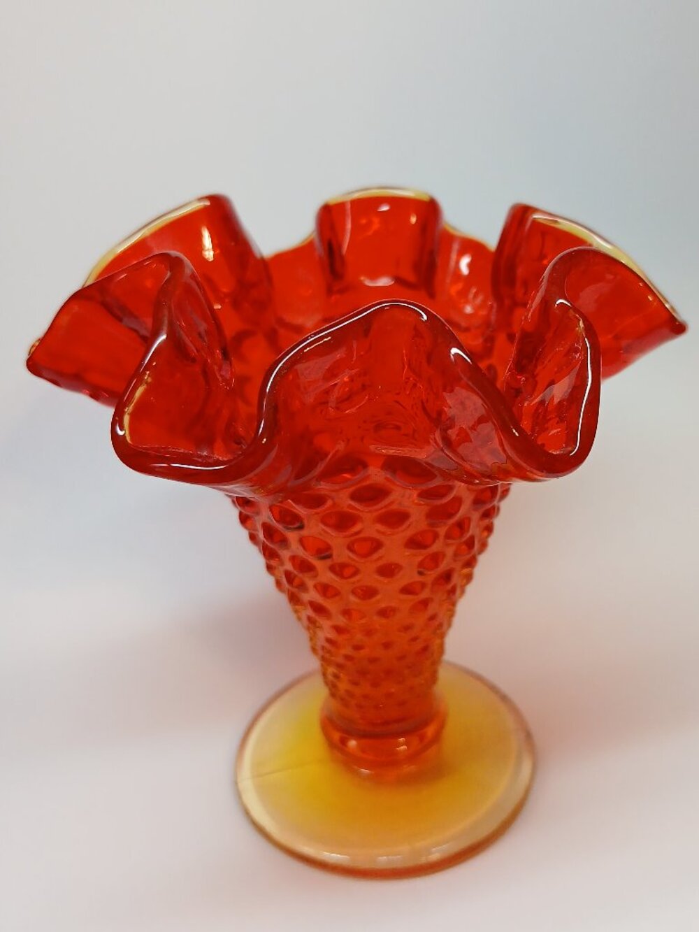 Vintage Fenton Amberina Hobnail Ruffled Rim Glass Trumpet 4" Vase